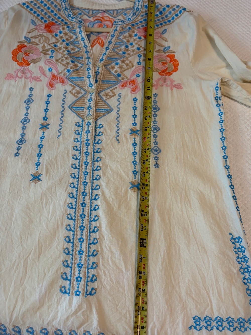 4/$25 Embroidered Boho Tunic Top - Cream with Blue & Coral Floral Details - Picture 9 of 10